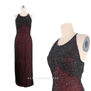 Vintage Sean Collection Prom Dress Maxi Gown L Red Black Silk Bead Glam 90s Y2K